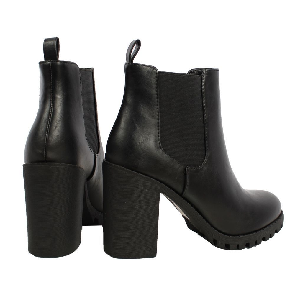 Black Chelsea Pull on Tab Lug Block Ankle Boot